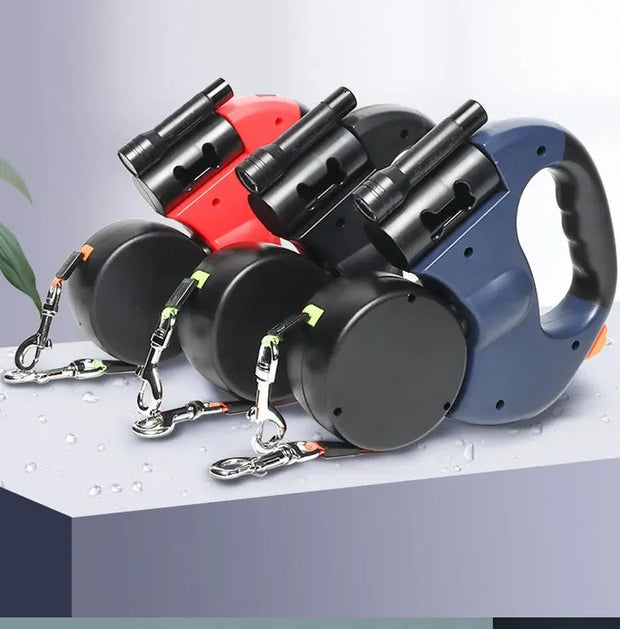 3in1 Double Head Automatic retractable Dog leash Flashlight Poop Bag Dispenser Reflective Pet Cat Extendable Puppy Traction Rope